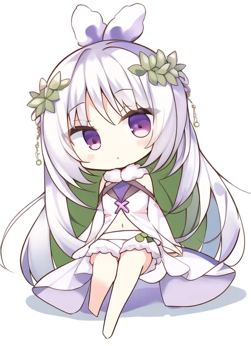 L'image montre une version chibi d'Echidna de la série animée "Re:ZERO -Starting Life in Another World-". Elle est assise sur une surface blanche, les jambes croisées. Elle porte une robe blanche avec une écharpe verte et a un nœud blanc dans les cheveux. Elle a les yeux violets et les cheveux blancs. Elle sourit et a une légère rougeur sur le visage.