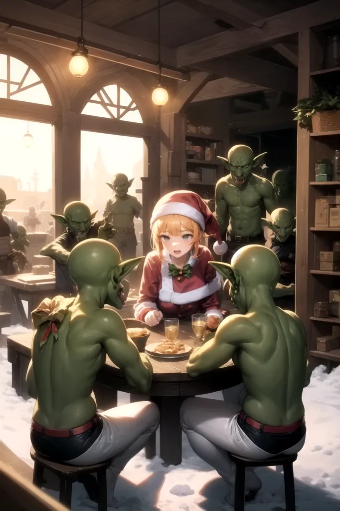 The image is a depiction of a group of goblins in a tavern. The goblins are all wearing different types of clothing, and they are all engaged in different activities. Some of the goblins are eating, some are drinking, and some are just talking. There is a human woman present. She is wearing a Santa hat. The woman is sitting at a table with three of the goblins. The woman is holding a glass of wine. One of the goblins is holding a mug of ale. Another goblin is holding a plate of food. The third goblin is holding a knife and fork. The other goblins are standing around the table, watching the woman and the goblins at the table.