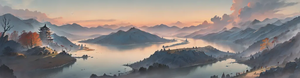 The image is a wide landscape of a lake and mountains in the style of Chinese landscape painting. The foreground is a shore with trees and a pavilion. The background is a lake with many islands and mountains in the distance. The sky is a gradient of orange and blue with some clouds.