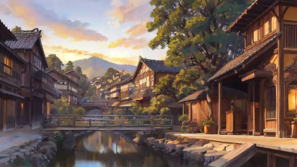 La imagen es una pintura de un pueblo tradicional japonés. El pueblo está ubicado en un valle y está rodeado de montañas. Las casas están hechas de madera y tienen techos de paja. Hay un río que atraviesa el pueblo y un puente que cruza el río. Los aldeanos visten ropa tradicional japonesa y se dedican a diversas actividades como la agricultura, la pesca y el comercio. La pintura está hecha en un estilo realista y captura la belleza del campo japonés.