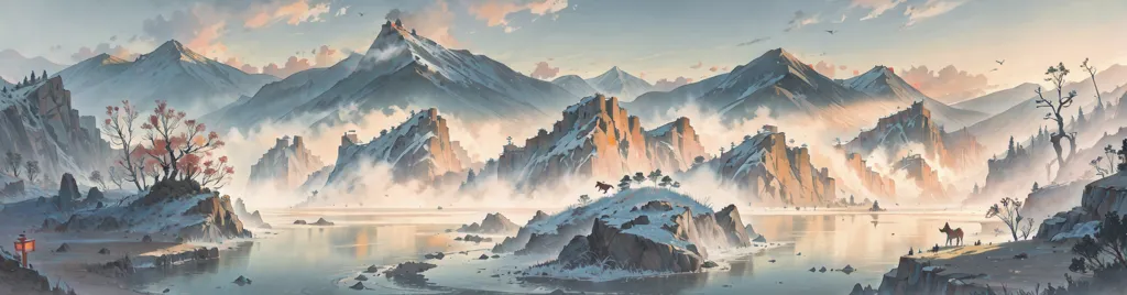 The image is a panoramic landscape of a lake and mountains in the style of Chinese landscape painting. The foreground is a lake with a few rocky islands, with a large mountain range in the background. The mountains are covered in snow. The sky is a gradient of orange and yellow, with some clouds. There is a large tree in the bottom left corner of the image.