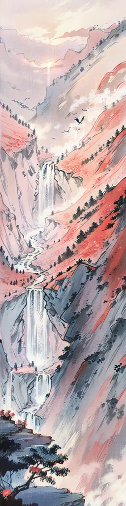 The image is a watercolor painting of a mountain landscape. The mountains are depicted in shades of pink and gray, with a waterfall flowing down the center. The waterfall is white and foamy, and it creates a sense of movement and energy in the painting. The trees are depicted in shades of green and blue, and they add a touch of color to the landscape. The painting is done in a realistic style, and the artist has used a variety of techniques to create a sense of depth and atmosphere.