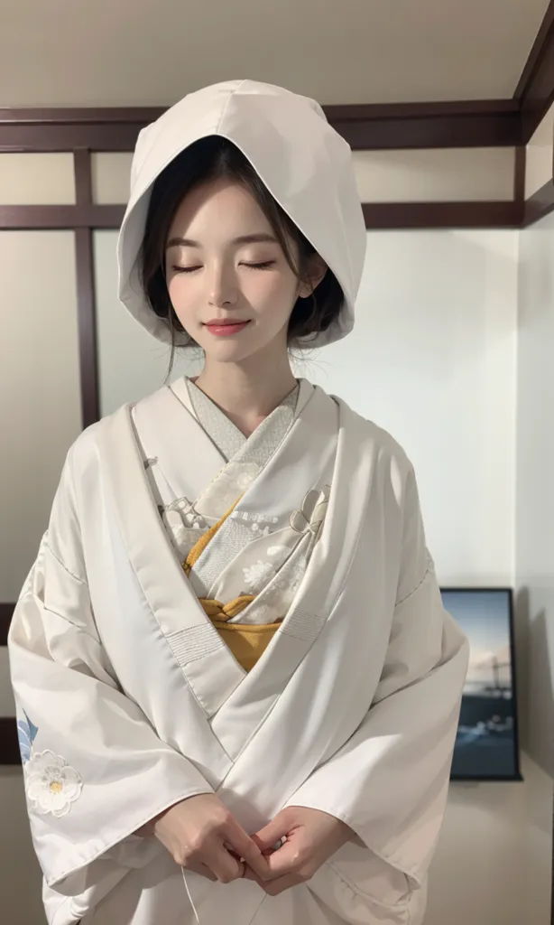 L'image montre une jeune femme portant un kimono de mariage japonais traditionnel. Le kimono est blanc avec une délicate broderie florale. Les cheveux de la femme sont coiffés dans un chignon traditionnel japonais et elle porte un couvre-chef blanc. Son maquillage est naturel et elle porte un rouge à lèvres rouge. La femme se tient dans une pièce japonaise traditionnelle avec un écran shoji en arrière-plan.