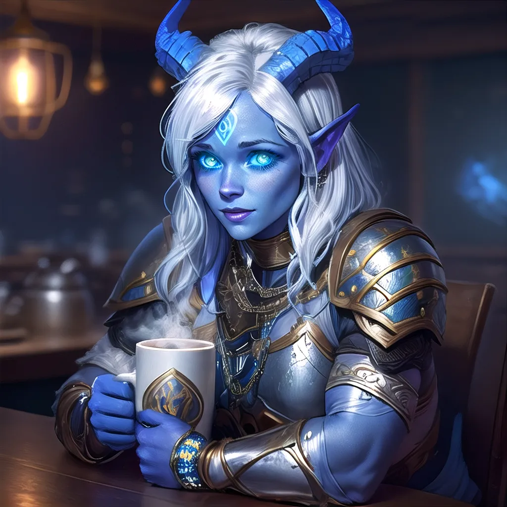 A imagem é de uma mulher de pele azul, com cabelos brancos e olhos azuis. Ela está usando uma armadura prateada e tem uma caneca na mão. Ela está sentada em uma mesa em uma taverna. Há uma lanterna sobre a mesa.