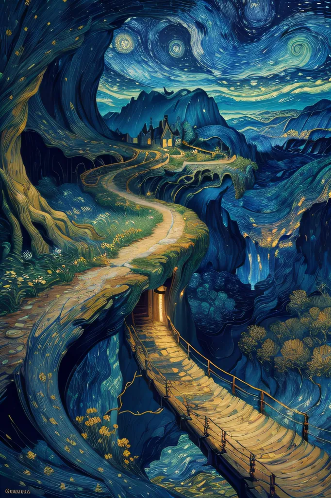 L'image est une peinture dans un style similaire à celui de Vincent van Gogh. Elle représente un chemin qui traverse une forêt sombre. Le chemin est bordé d'arbres et d'arbustes, et la forêt est dense et envahissante. Le ciel est sombre et étoilé, et une lune brillante brille. Il y a une maison au loin. La peinture est remplie de couleurs vibrantes et de coups de pinceau tourbillonnants.