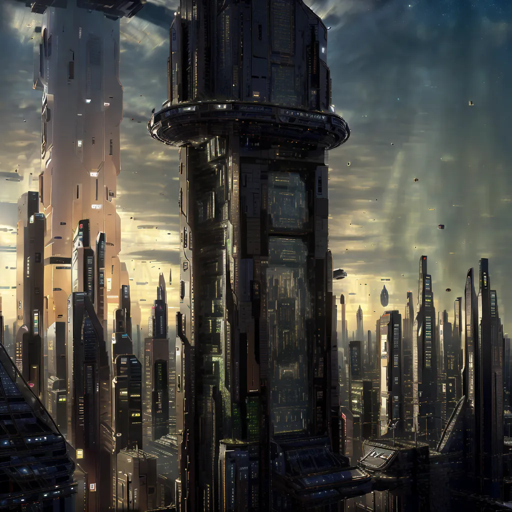 The image shows a futuristic city with tall skyscrapers and flying cars. The city is built on a planet with a blue sky and white clouds. The buildings are made of glass and metal, and they are all very tall. The city is very crowded, and there are many people flying around on hoverboards and other flying vehicles. The city is also very polluted, and the air is thick with smoke and smog.