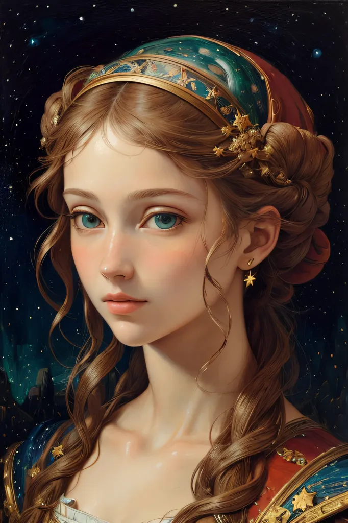 The image is a portrait of a young woman with long, wavy brown hair. She is wearing a red and gold headdress and a gold earring in her right ear. Her eyes are blue and her skin is fair. She is wearing a white dress with a gold necklace. The background is a dark blue night sky with stars.