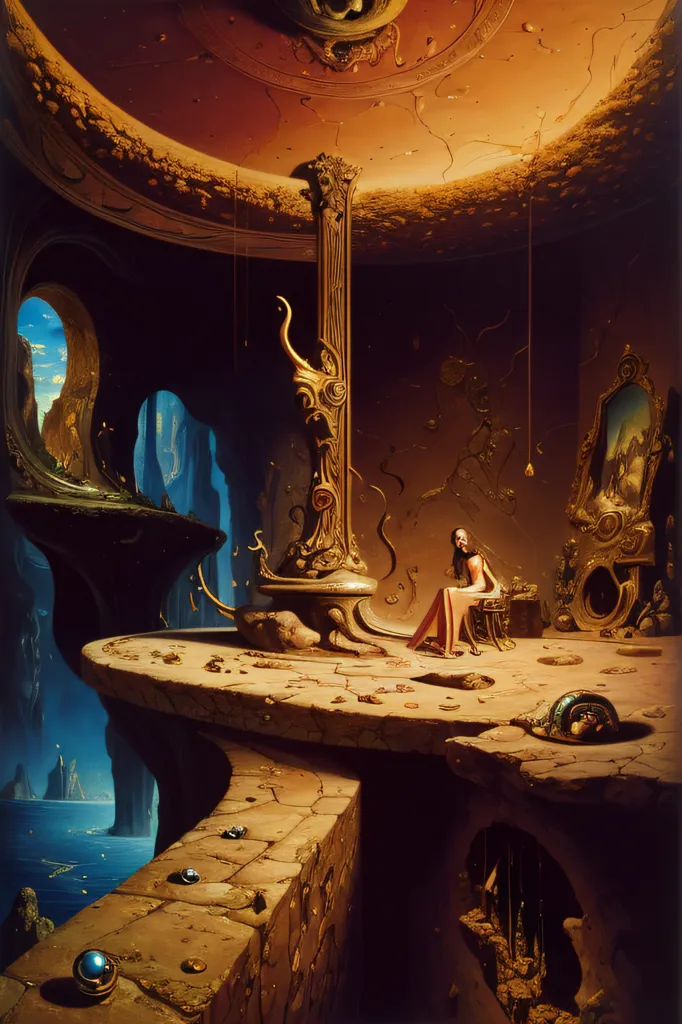 The image is a surreal painting of a woman in a strange room. The room is lit by a single light source, and the walls are covered in strange symbols and carvings. The woman is sitting on a rock in the center of the room, and she is looking at the viewer with a sad expression on her face. She is wearing a white dress, and her hair is long and flowing. The room is decorated with strange objects, including a large mirror, a golden throne, and a number of small statues. The painting is full of mystery and intrigue, and it is unclear what the story is behind it.