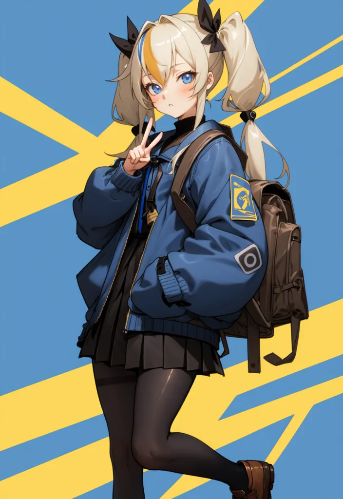 The image is of a young woman with a bright and cheerful expression on her face. She is standing with her left hand raised in a peace sign and her right hand holding a brown bag strap. She has blonde hair tied in twin ponytails and is wearing a blue bomber jacket, a black skirt, and brown shoes. She also has a blue and yellow striped backpack on her back. The background is a blue and yellow gradient with a pattern of white lines.