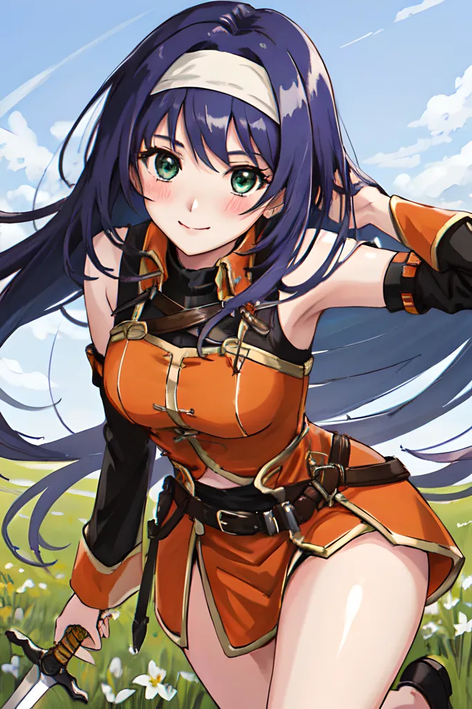 The image is of a young woman with long blue hair and green eyes. She is wearing an orange and brown outfit and is carrying a sword. She is standing in a field of flowers and there is a forest in the background.