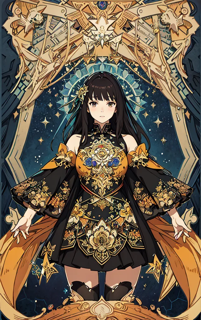 La imagen es de una mujer joven con el cabello negro largo que lleva un vestido negro y dorado con una manga interior blanca y dorada. El vestido tiene un cuello alto y está decorado con flores doradas y blancas. También lleva un collar y pendientes de oro. La mujer está de pie frente a un fondo azul oscuro con un marco dorado y blanco. El marco está decorado con estrellas y flores.