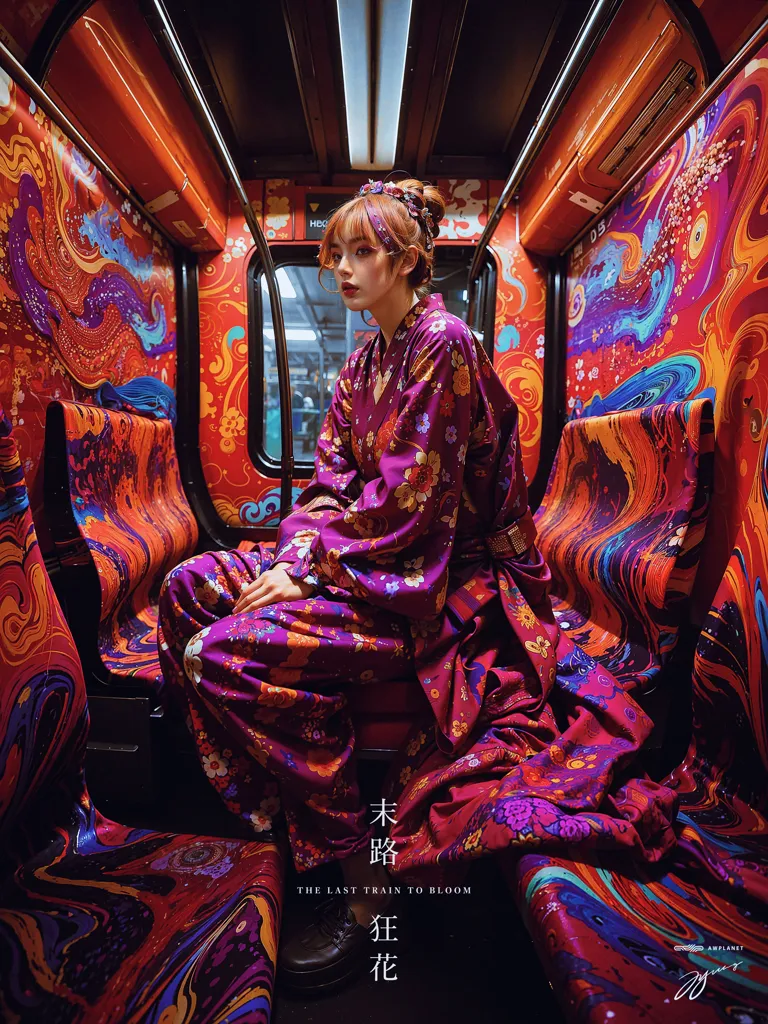 La imagen es un retrato de una mujer joven con un kimono morado con flores rosas y blancas sentada en un vagón de tren. El vagón de tren está decorado con graffiti colorido. La mujer mira a la cámara con una expresión seria. Lleva un peinado y maquillaje tradicionales japoneses. La imagen es una mezcla hermosa y única de la cultura tradicional japonesa y el arte del graffiti moderno.