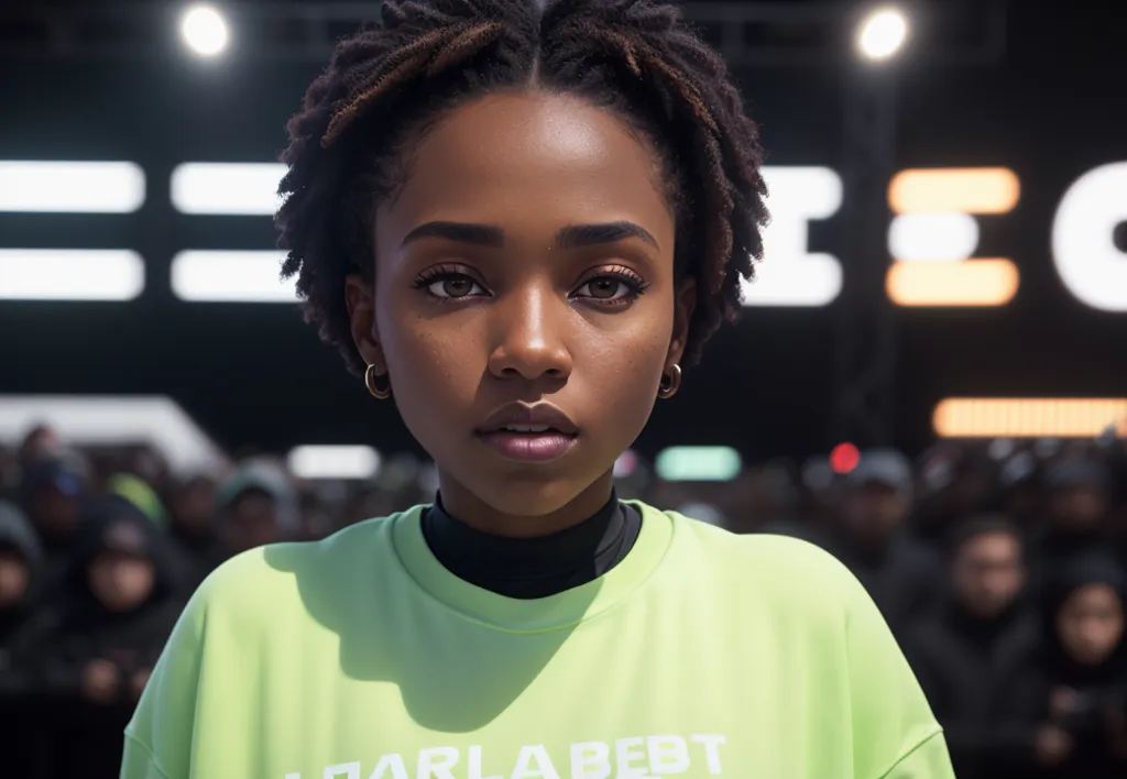 The image is a portrait of a young woman with dark brown skin and short black hair. She is wearing a bright green sweatshirt with a black turtleneck collar. The sweatshirt has the word \