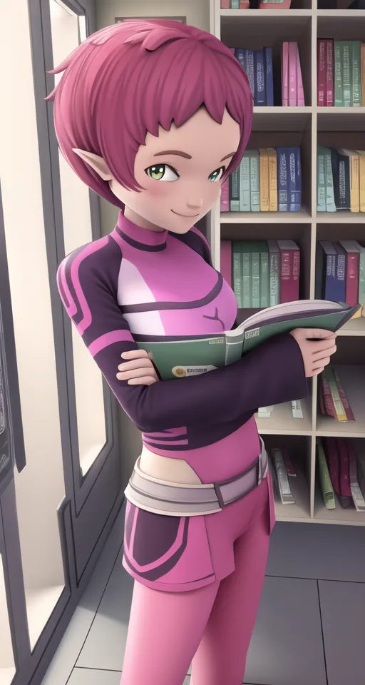 A young girl with pink hair and green eyes is standing in a library. She is wearing a pink and purple outfit. The girl is reading a book. There are bookshelves all around her.