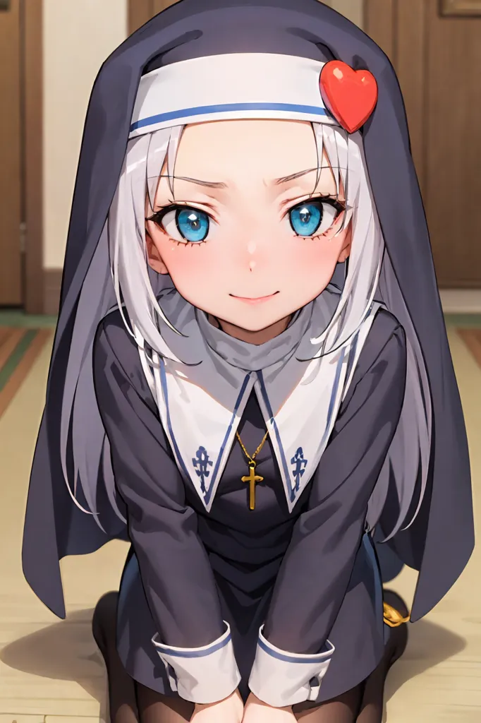 The image depicts a young girl in a nun's habit. She has white hair and blue eyes, and is wearing a black veil with a red heart on it. She is also wearing a silver cross necklace. She is kneeling on the floor with her hands together in front of her, looking at the viewer with a slight smile on her face.