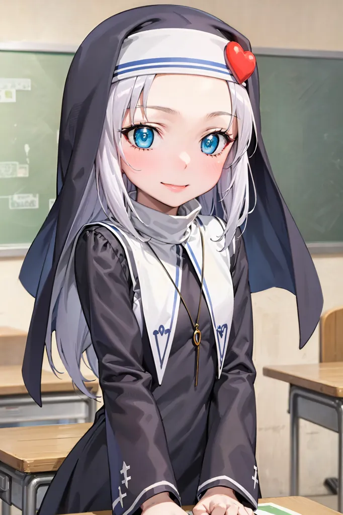 The image shows a young girl dressed as a nun. She has a white habit with a black veil and a red heart-shaped hair clip. The girl has long white hair and blue eyes, and she is smiling. She is standing in a classroom, surrounded by empty desks.