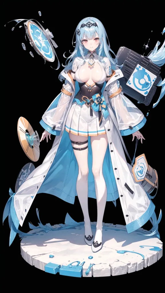 L'image montre une fille de style anime aux longs cheveux blancs ondulants et aux yeux bleus. Elle porte une tenue blanche et bleue avec une jupe courte et un long manteau. Elle porte également une paire de bottes blanches et un chapeau bleu. Elle se tient sur une petite plateforme et est entourée de plusieurs objets bleus et blancs. L'arrière-plan est noir et il y a plusieurs lumières blanches et bleues en arrière-plan.