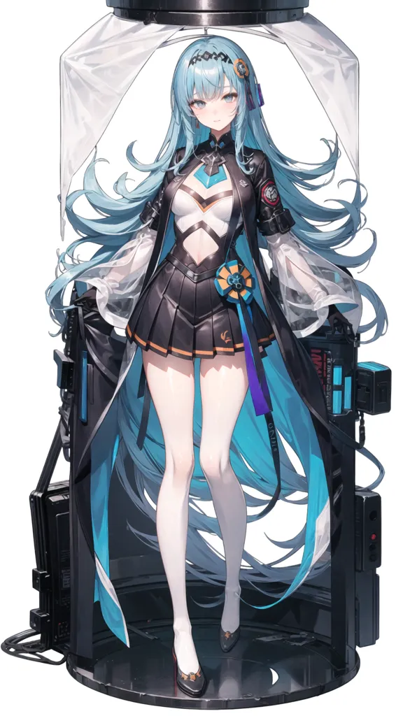 La imagen es una pintura digital de una mujer joven con el cabello largo y de color azul claro. Lleva un uniforme militar de color negro y blanco con una falda corta y un abrigo largo. También lleva un par de botas negras y un par de guantes blancos. Está de pie en un tubo de cristal con una luz azul brillante en la parte inferior. Tiene una expresión seria en el rostro y mira al espectador.