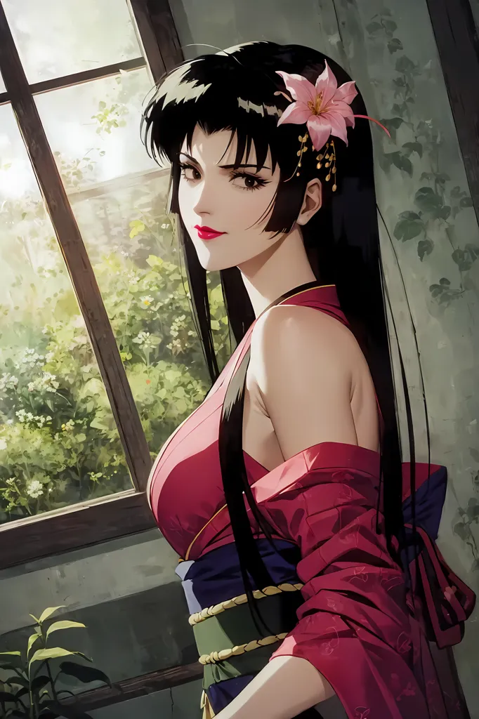 La imagen es de una hermosa mujer con cabello negro largo y labios rojos. Ella está usando un kimono rojo con un cinturón blanco y tiene una flor rosa en su cabello. Ella está de pie frente a una ventana con vista a un jardín. La ventana está a su izquierda. Ella mira al espectador con una expresión seria.