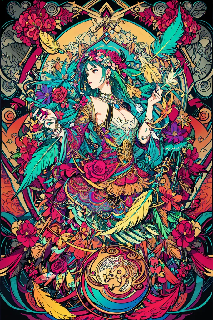 La imagen es una ilustración colorida de una mujer con el cabello verde largo y ojos azules. Lleva un tocado de plumas y un vestido hecho de hojas y flores. Está de pie en un jardín exuberante y hay dos conejos a sus pies. La imagen está llena de colores vibrantes y detalles intrincados.