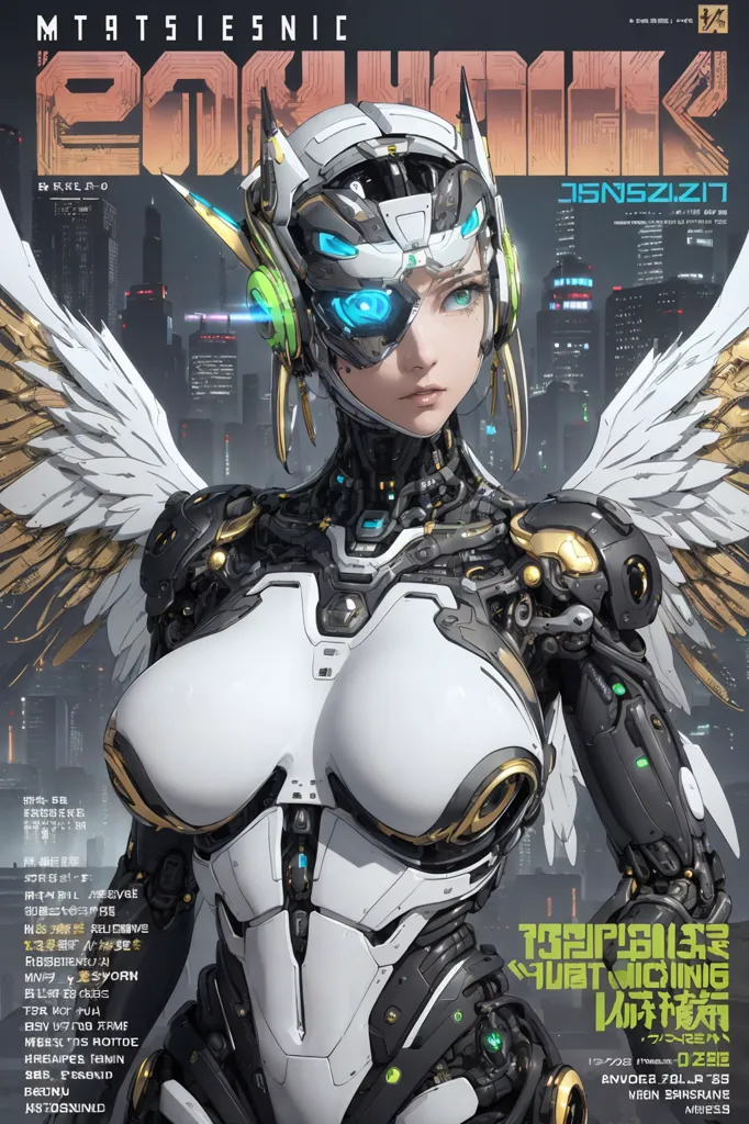 The image is a digital painting of a female character with light blue hair and eyes. She is wearing a white and gray bodysuit with a black helmet. She has angel wings made of metal coming out of her back. The character is standing in a futuristic city with tall buildings and a large moon in the background.