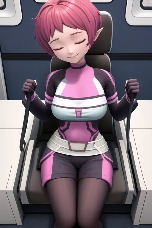 A imagem mostra uma personagem feminina com cabelos rosa e olhos roxos. Ela está sentada em uma cadeira com uma expressão séria no rosto. Ela está usando um macacão branco e rosa. A personagem está sentada em uma nave espacial e está olhando pela janela. A nave espacial está no espaço e há estrelas ao fundo.