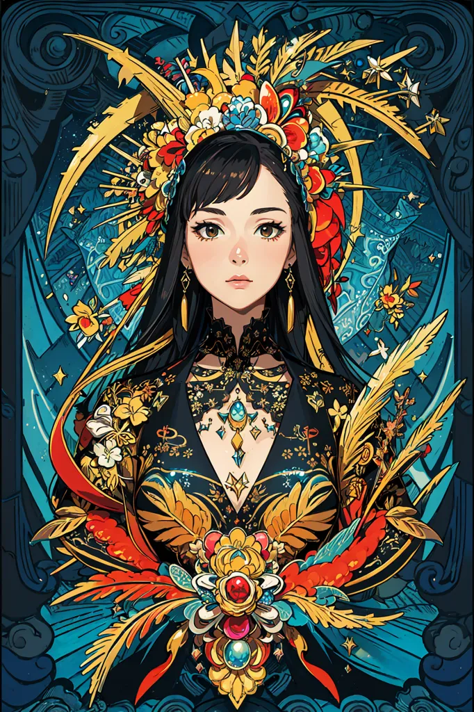 This is an illustration of a young woman with long black hair and brown eyes. She is wearing a black and gold dress with a red sash. The dress is decorated with gold and red flowers, and she is wearing a necklace and earrings with red gems. She is also wearing a headdress with red and yellow flowers. She is standing in front of a dark blue background with a gold frame around her.