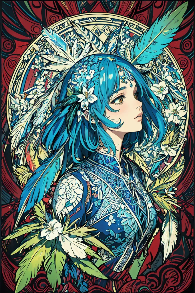 Esta é uma imagem de uma mulher com cabelo azul e olhos azuis. Ela está usando um vestido azul e branco com uma flor branca no cabelo. Ela está rodeada por folhas e flores verdes. O fundo é vermelho com um padrão de flores brancas e azuis.