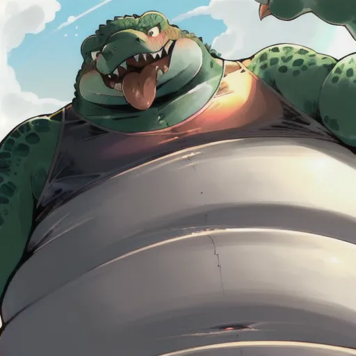 The image is of a large, green crocodile wearing a white tank top. The crocodile is smiling and has its tongue out. It is standing on a beach, and there is a blue sky with white clouds in the background. The crocodile's belly is round and its scales are visible.