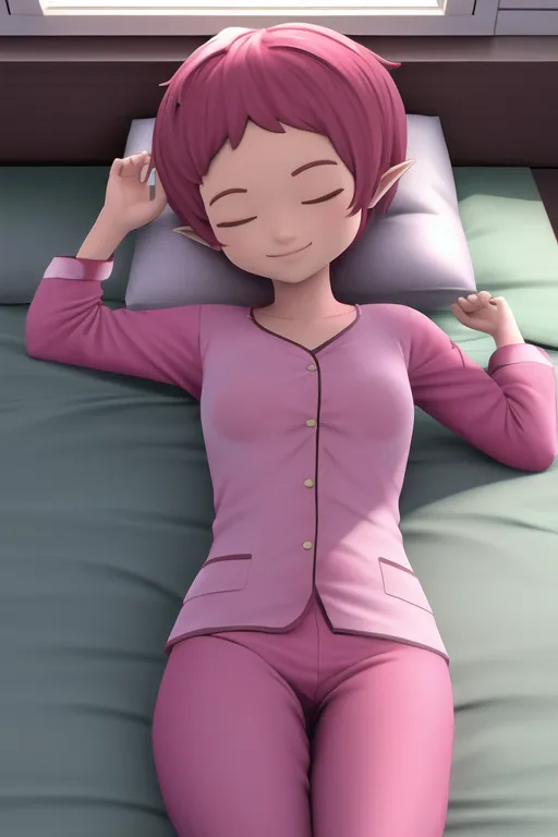 The image shows a young woman sleeping in a bed. She is wearing a pink pajamas. The woman has pink hair and pointy ears. She is lying on her side with her left hand under her head and her right hand resting on the bed. Her eyes are closed and she has a smile on her face. The background of the image is a bedroom with a window. The window is covered with a curtain.