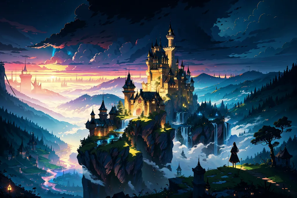 The image is a beautiful landscape of a castle on a cliff. The castle is made of gray stone and has many towers and turrets. It is surrounded by a forest and there is a river running through the valley below. The sky is a dark blue and there are some clouds in the sky. There is a waterfall coming down from the cliff on the left side of the castle. There is a person standing on the cliff to the right of the castle, looking out at the view.