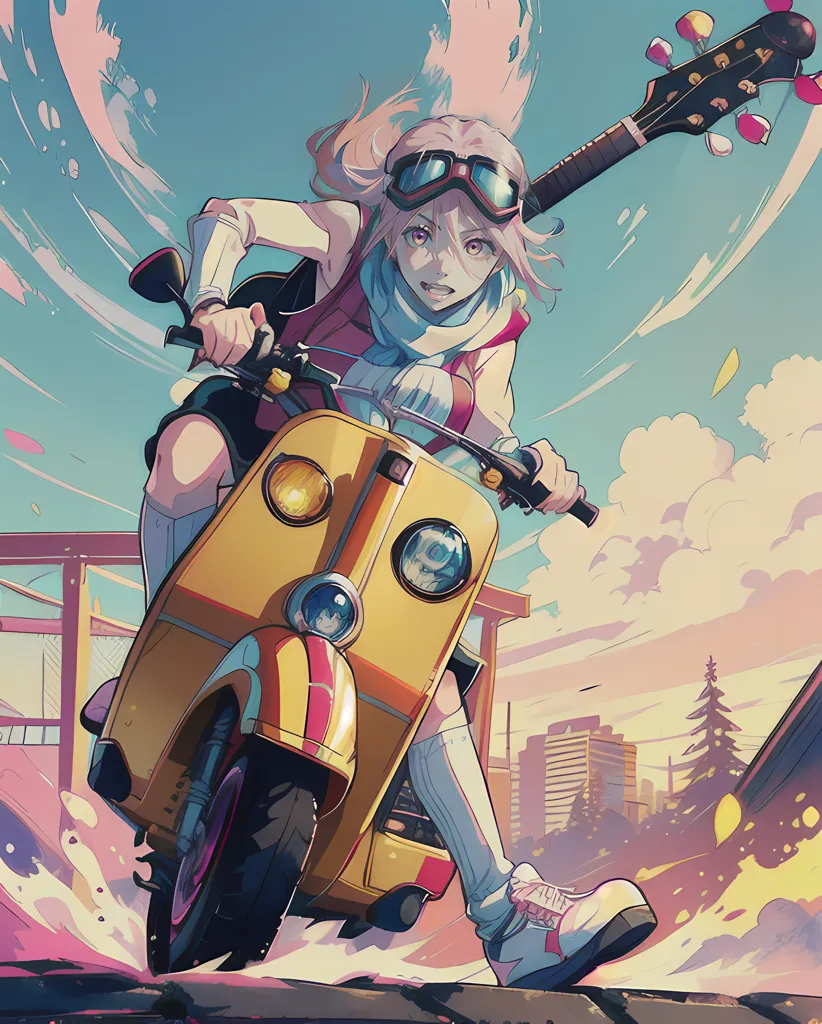 A girl with pink hair and blue eyes is riding a yellow scooter. She is wearing a white shirt, a pink scarf, and a gray skirt. She is also wearing a pair of goggles. She is riding in a city and there are buildings in the background. The sky is blue and there are clouds in the sky.