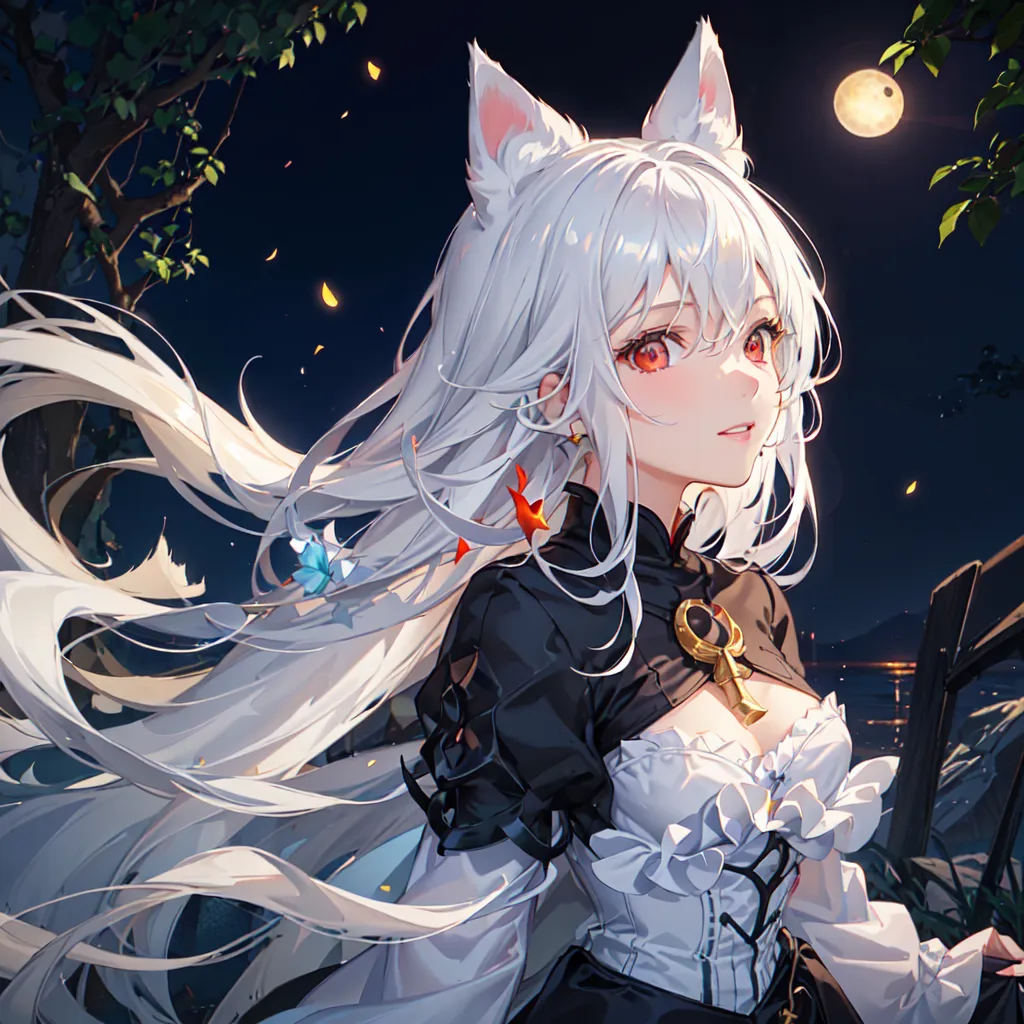 The image is of a beautiful anime girl with long white hair and red eyes. She has cat ears and a fluffy white tail. She is wearing a black and white dress with a corset and a long skirt. She is standing in a forest at night, and there is a full moon in the background. She is smiling and looks happy.