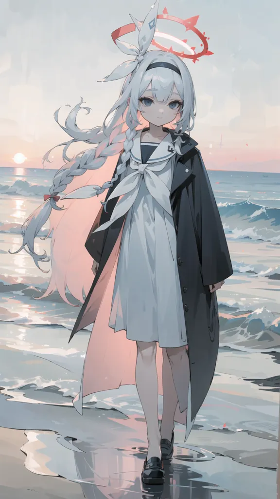 This is an illustration of a young girl with long white hair and blue eyes. She is wearing a white dress with a blue collar and a black coat. She is also wearing a white hat with a blue ribbon. She is standing on a beach, with the ocean behind her. The sky is a gradient of orange and yellow, and the water is a deep blue. The girl is looking at the viewer with a slightly sad expression.