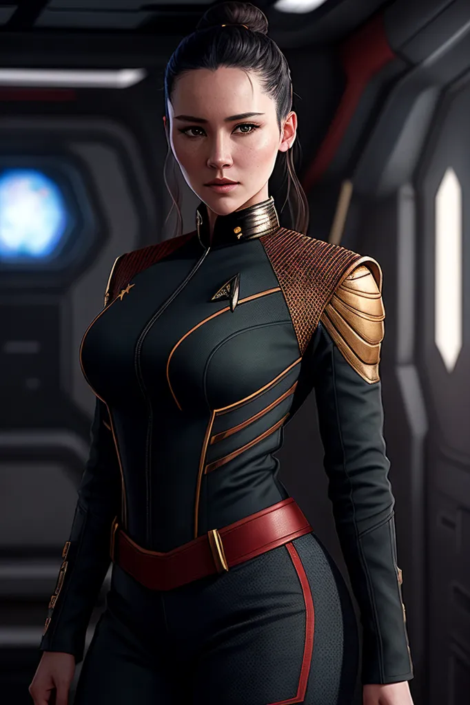 The image shows a young woman wearing a black and gold uniform with a red belt. She has her hair in a bun and is looking at the camera with a serious expression. She is standing in a dark room with a blue light in the background.