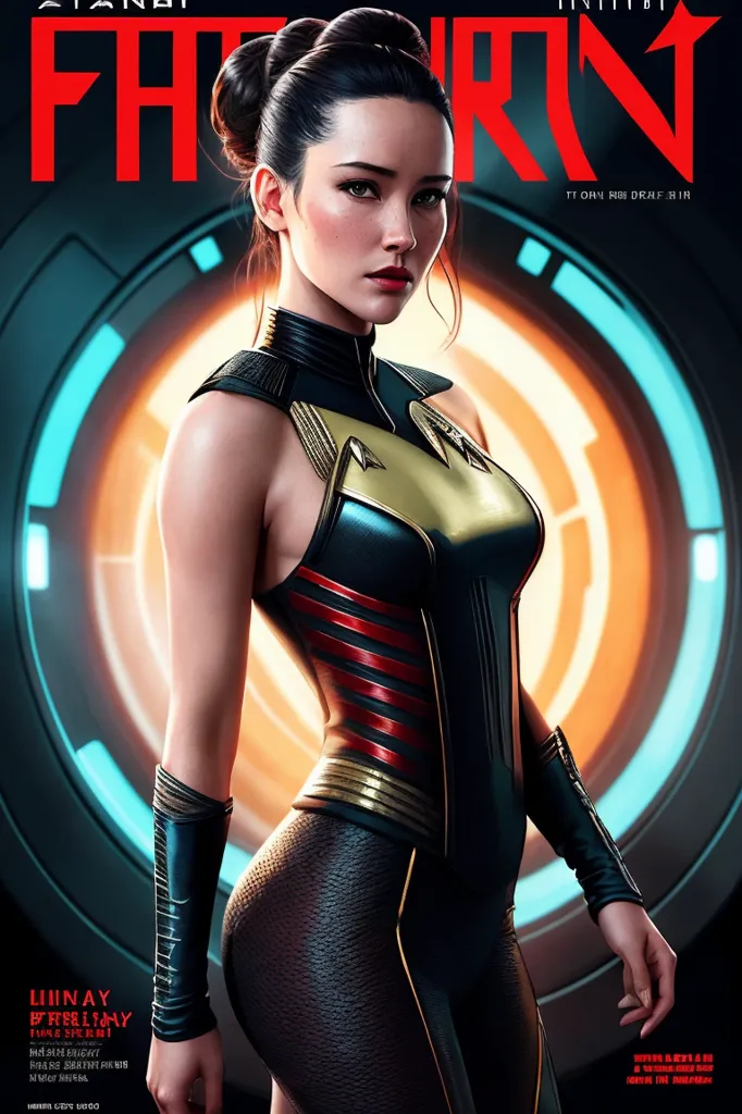 The image shows a woman standing in front of a futuristic background. She is wearing a black and gold bodysuit and has her hair in a bun. She is looking at the viewer with a serious expression.