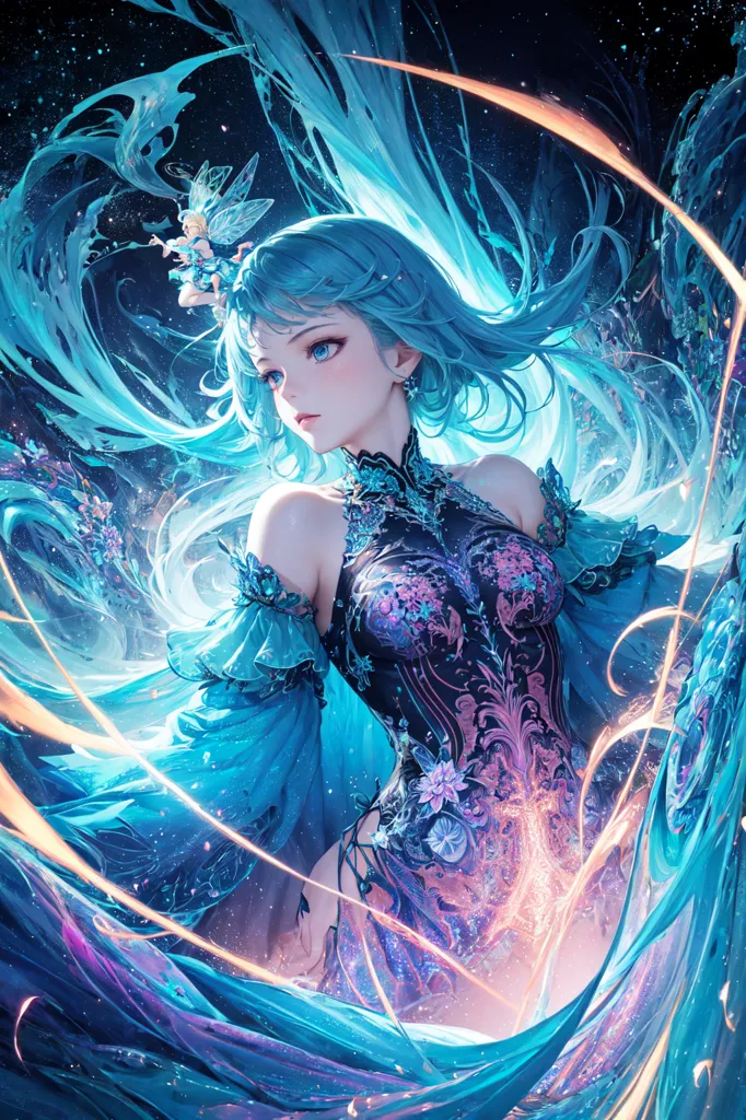 The picture shows a beautiful anime girl with long blue hair and blue eyes. She is wearing a blue and purple dress with a white flower pattern. She is surrounded by blue and purple energy and there is a small fairy flying near her head. The background is dark blue with a few bright stars.