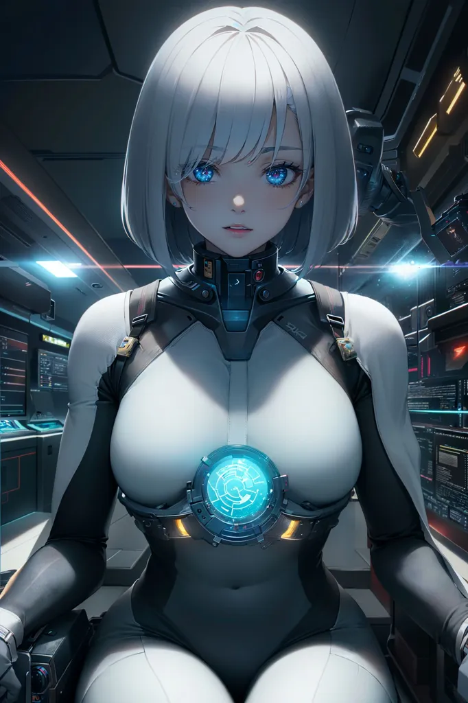 The image is of a beautiful anime girl with short white hair and blue eyes. She is wearing a white bodysuit with a blue orb in the center. There are blue lights on her shoulders and a red light on her left arm. She is sitting in a dark room with a lot of computers and screens around her.