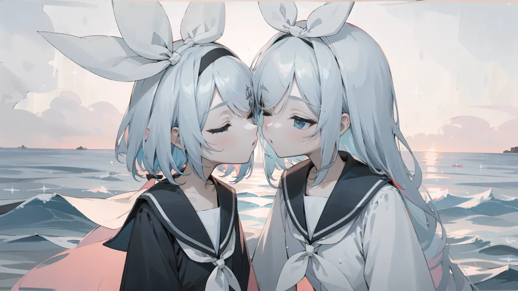 This is an image of two anime girls with white hair. They are standing close to each other with their eyes closed. The girl on the left is wearing a black sailor服 with a white collar and a white bow in her hair. The girl on the right is wearing a white sailor服 with a black collar and a black bow in her hair. They are both standing on a beach, with the ocean behind them. The sun is setting, and the sky is a gradient of orange and white.