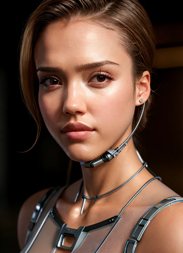 The image is a portrait of a young woman with short brown hair. She is wearing a futuristic outfit with a metal collar and a device on her neck. Her expression is serious and determined.