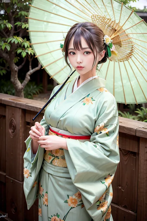 A imagem mostra uma bela mulher jovem vestindo um quimono. O quimono é de cor verde-claro com um padrão floral. A mulher tem cabelos castanhos longos e está usando um obi branco. Ela está segurando um guarda-chuva verde. O fundo é uma imagem desfocada de um jardim tradicional japonês.