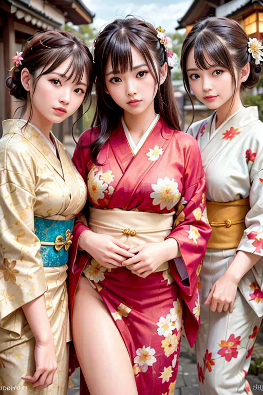 The image shows three young women wearing traditional Japanese kimonos. The woman in the middle is wearing a red kimono with white and pink floral designs. The woman to the left is wearing a white kimono with blue and yellow floral designs, and the woman to the right is wearing a white kimono with red and pink floral designs. All three women have their hair tied up in traditional Japanese hairstyles and are wearing traditional Japanese makeup. They are standing in a traditional Japanese setting, with a wooden house and a stone path in the background.