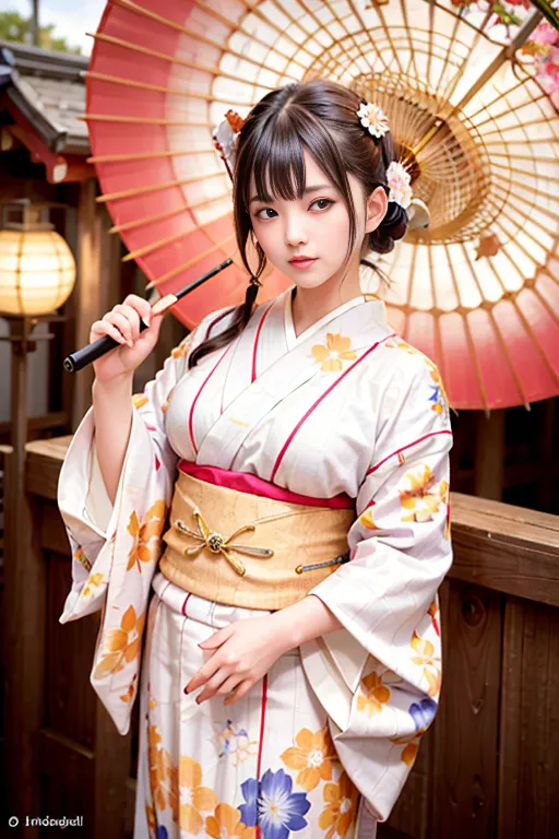 The picture shows a beautiful young woman wearing a kimono. The kimono is white with a yellow and blue floral pattern. The woman has long dark hair and is wearing a pink obi. She is holding a red and white umbrella. The background is a traditional Japanese house.