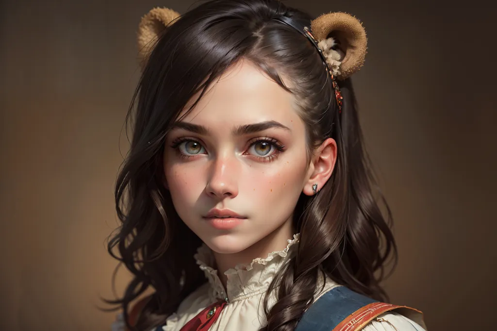 The image is a portrait of a young woman with long, wavy brown hair. She is wearing a white blouse with a brown corset and has a pair of bear ears on her head. The woman has light makeup on and is looking at the viewer with a slightly raised eyebrow. The background is a dark brown.