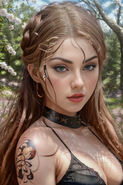 The image shows a young woman with long, wavy brown hair and light blue eyes. She is wearing a black choker and a black lace dress. The woman is standing in a forest, and there are trees and flowers in the background. The woman has a tattoo of a flower on her left shoulder.