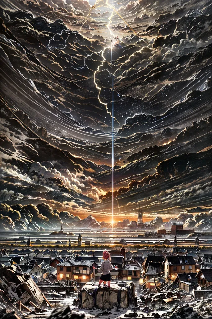 La imagen es una pintura de estilo anime. El cielo está oscuro y nublado, con una luz brillante que brilla desde arriba. El suelo está cubierto de escombros y hay una ciudad en ruinas a lo lejos. Una chica está de pie sobre un montón de escombros en el primer plano, mirando hacia el cielo. Lleva una camisa blanca y una falda roja, y tiene el cabello corto y castaño.