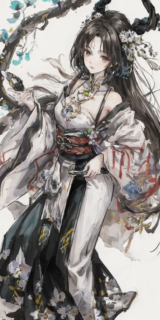 The image is a painting of a young woman in a white and blue dress with a long flowing scarf. She has long black hair and is wearing a headdress with flowers and horns. She is standing in front of a white background with a branch of blue flowers on the left side of the image. The painting is done in a realistic style and the woman's expression is serene.