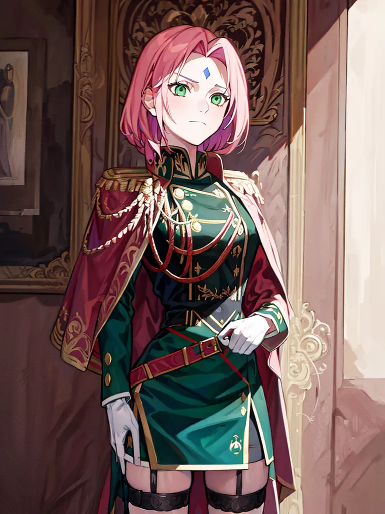 The image shows a young woman with pink hair and green eyes. She is wearing a green military-style outfit with a red sash and a white glove on her right hand. She is standing in front of a window, and there is a painting of a woman on the wall behind her.