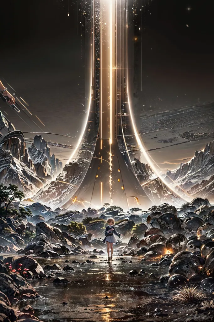 The image is set in a dark and rocky landscape. There is a giant tower in the distance, and a girl is standing in the foreground. The girl is wearing a white dress, and she has long brown hair. She is looking at the tower. The tower is very tall, and it is made of metal. It is glowing with a bright light. The image is very detailed, and the artist has used a lot of different colors to create a sense of depth and realism.