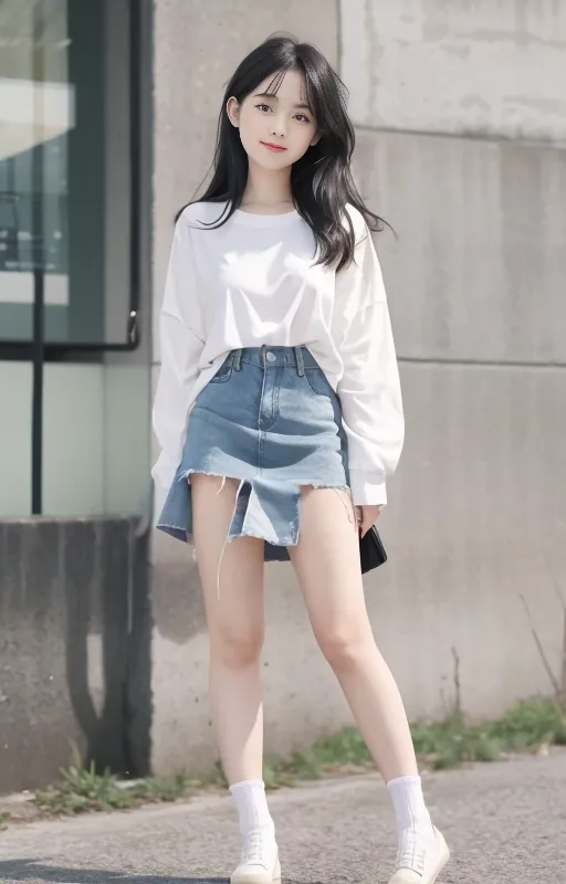 The image shows a young woman wearing a white sweatshirt, denim skirt, and white sneakers. The sweatshirt is slightly oversized and has a raw hem. The denim skirt is high-waisted and has a distressed hem. The woman's hair is long and dark, and she is wearing light makeup. She is carrying a black handbag.